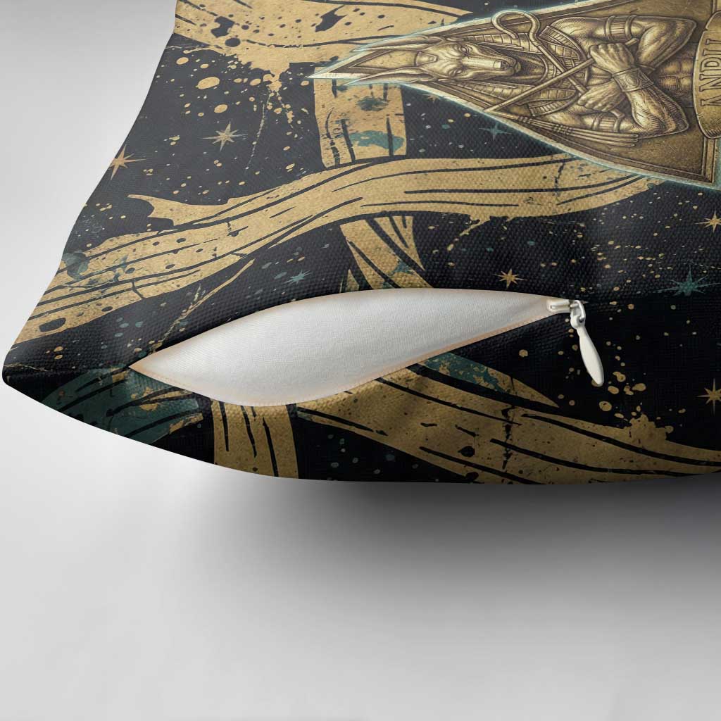 Anubis Ancient Egyptian Pillow Cover with Starry Mummy Wrap Pattern, Anubis Warrior Illustration, and Pyramid - African Pride