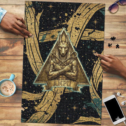 Anubis Ancient Egyptian Puzzle with Starry Mummy Wrap Pattern, Anubis Warrior Illustration, and Pyramid - African Pride