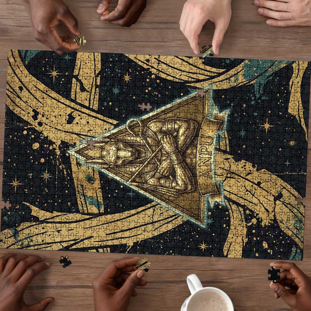 Anubis Ancient Egyptian Puzzle with Starry Mummy Wrap Pattern, Anubis Warrior Illustration, and Pyramid - African Pride