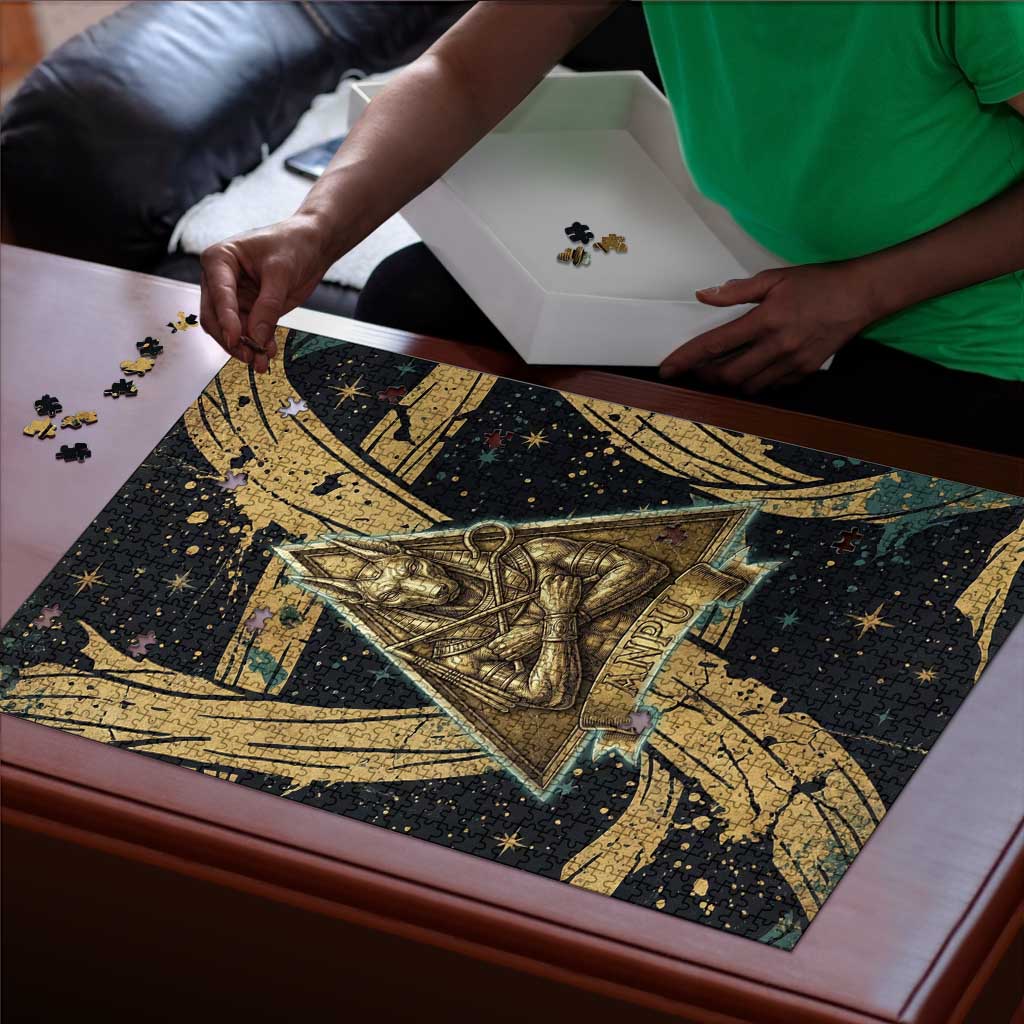 Anubis Ancient Egyptian Puzzle with Starry Mummy Wrap Pattern, Anubis Warrior Illustration, and Pyramid - African Pride