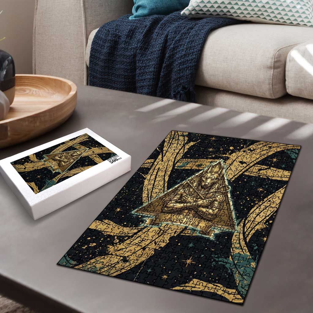 Anubis Ancient Egyptian Puzzle with Starry Mummy Wrap Pattern, Anubis Warrior Illustration, and Pyramid - African Pride