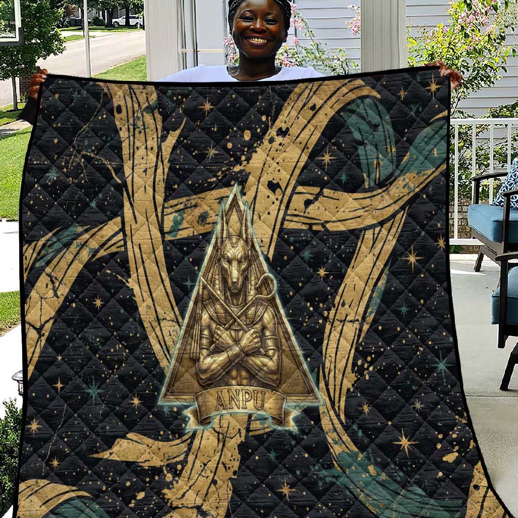 Anubis Ancient Egyptian Quilt with Starry Mummy Wrap Pattern, Anubis Warrior Illustration, and Pyramid - African Pride