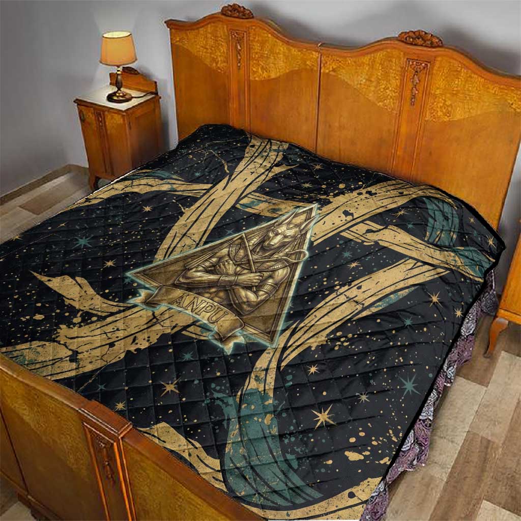 Anubis Ancient Egyptian Quilt with Starry Mummy Wrap Pattern, Anubis Warrior Illustration, and Pyramid - African Pride