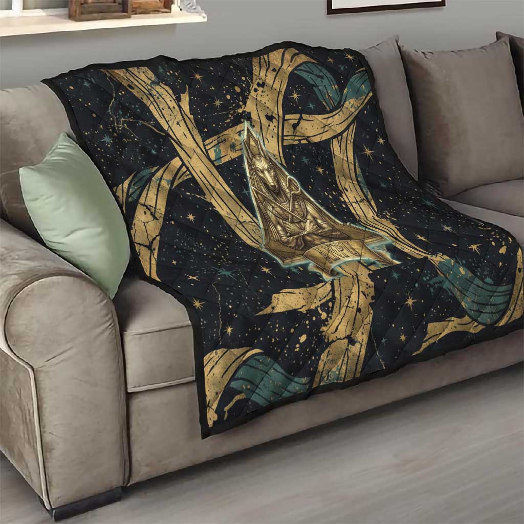 Anubis Ancient Egyptian Quilt with Starry Mummy Wrap Pattern, Anubis Warrior Illustration, and Pyramid - African Pride