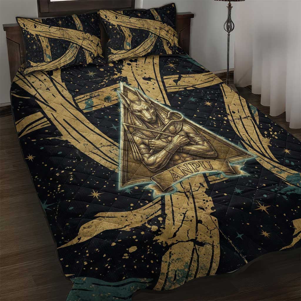 Anubis Ancient Egyptian Quilt Bed Set with Starry Mummy Wrap Pattern, Anubis Warrior Illustration, and Pyramid - African Pride
