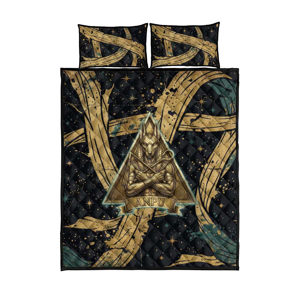 Anubis Ancient Egyptian Quilt Bed Set with Starry Mummy Wrap Pattern, Anubis Warrior Illustration, and Pyramid - African Pride