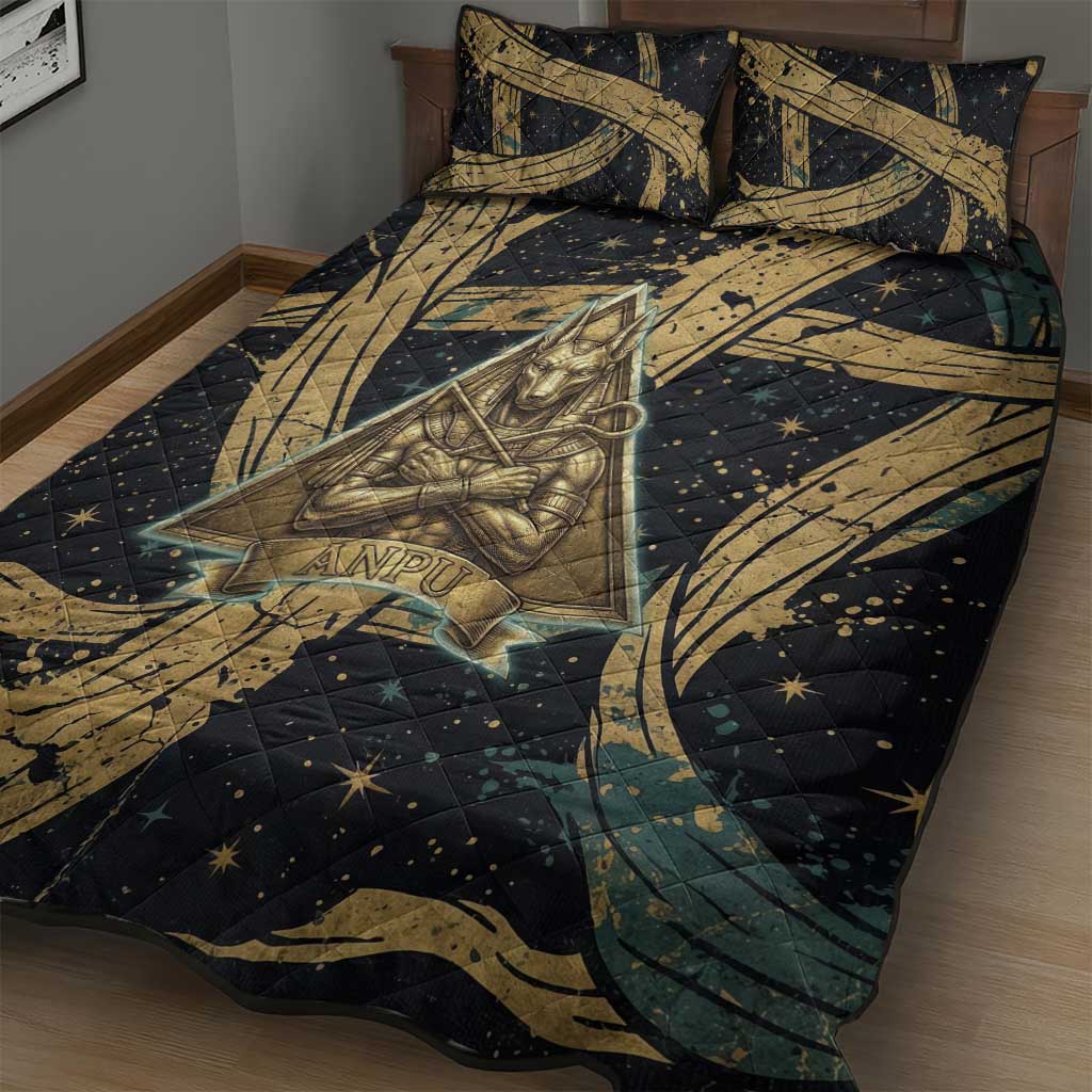 Anubis Ancient Egyptian Quilt Bed Set with Starry Mummy Wrap Pattern, Anubis Warrior Illustration, and Pyramid - African Pride