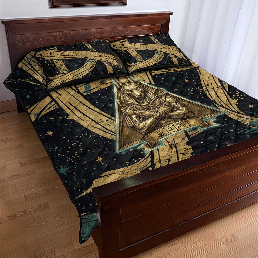 Anubis Ancient Egyptian Quilt Bed Set with Starry Mummy Wrap Pattern, Anubis Warrior Illustration, and Pyramid - African Pride