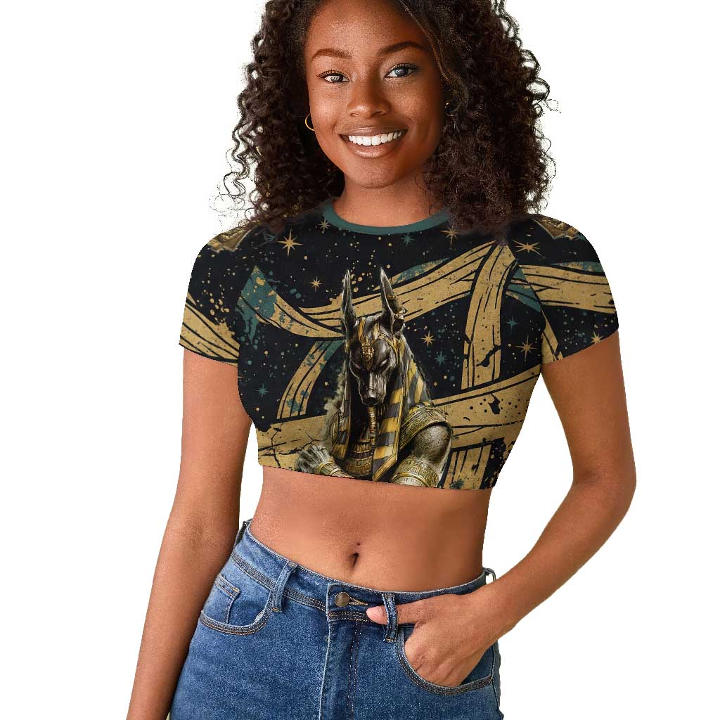 Anubis Ancient Egyptian Raglan Cropped T shirt with Starry Mummy Wrap Pattern, Anubis Warrior Illustration, and Pyramid - African Pride