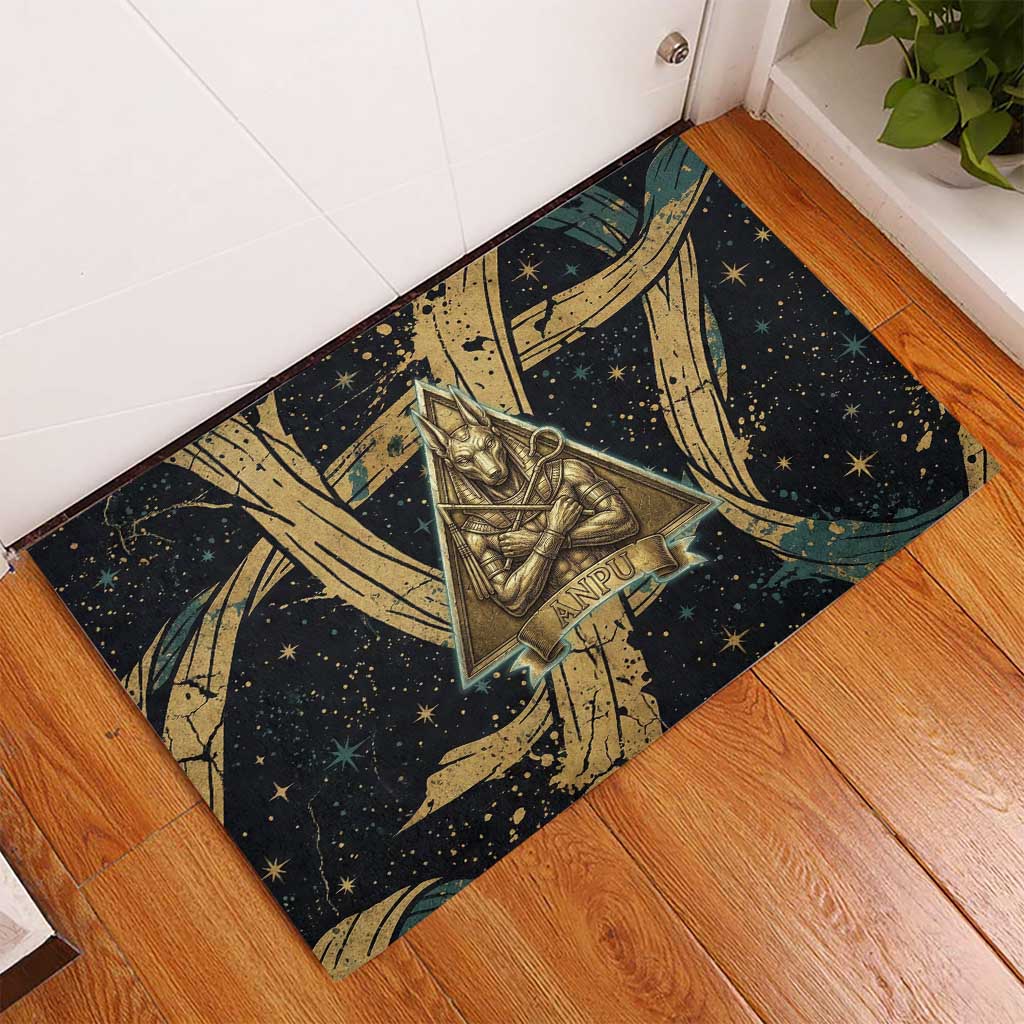 Anubis Ancient Egyptian Rubber Doormat with Starry Mummy Wrap Pattern, Anubis Warrior Illustration, and Pyramid - African Pride