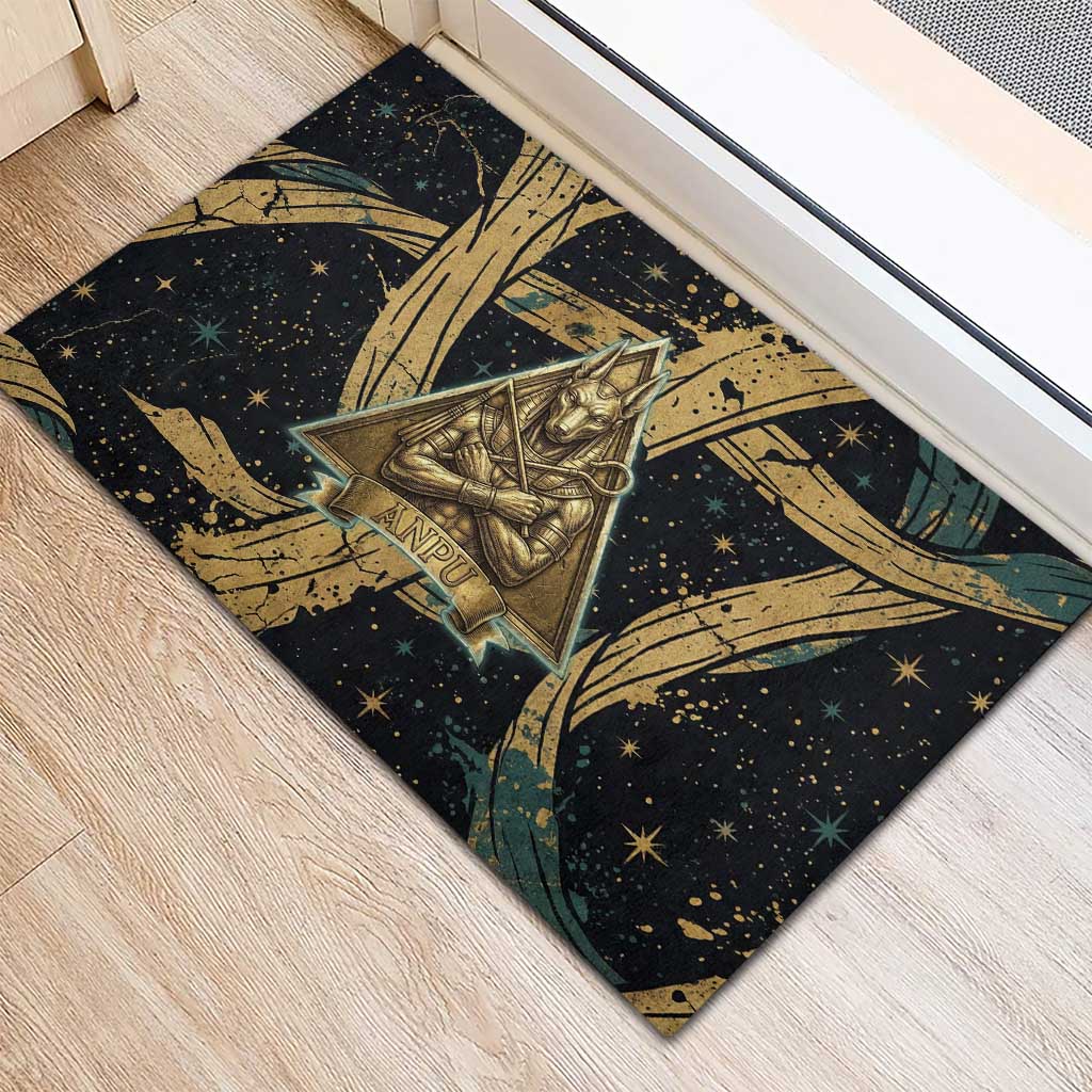 Anubis Ancient Egyptian Rubber Doormat with Starry Mummy Wrap Pattern, Anubis Warrior Illustration, and Pyramid - African Pride