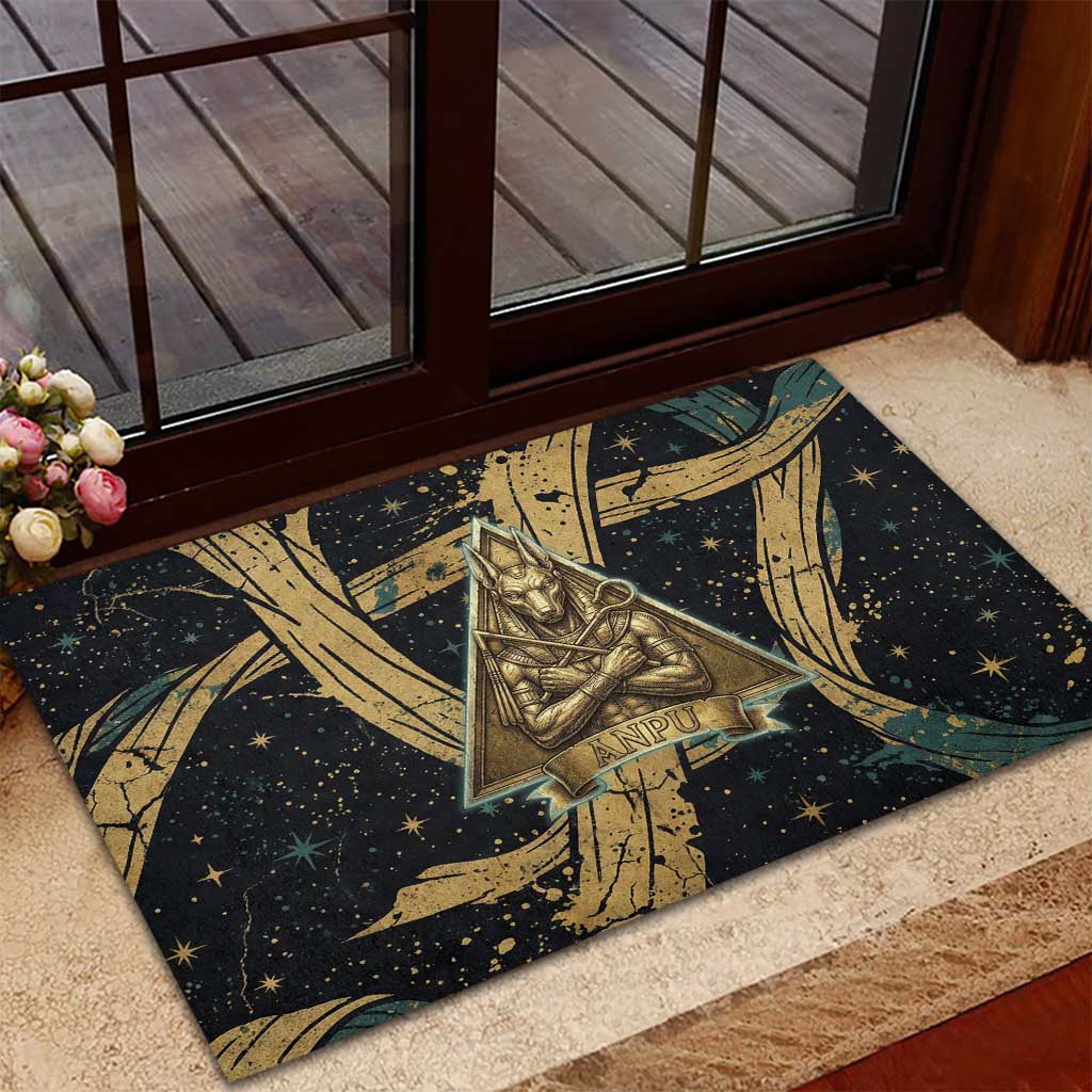 Anubis Ancient Egyptian Rubber Doormat with Starry Mummy Wrap Pattern, Anubis Warrior Illustration, and Pyramid - African Pride