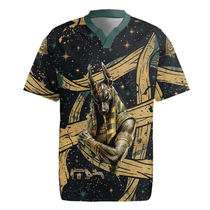 Anubis Ancient Egyptian Rugby Jersey with Starry Mummy Wrap Pattern, Anubis Warrior Illustration, and Pyramid - African Pride