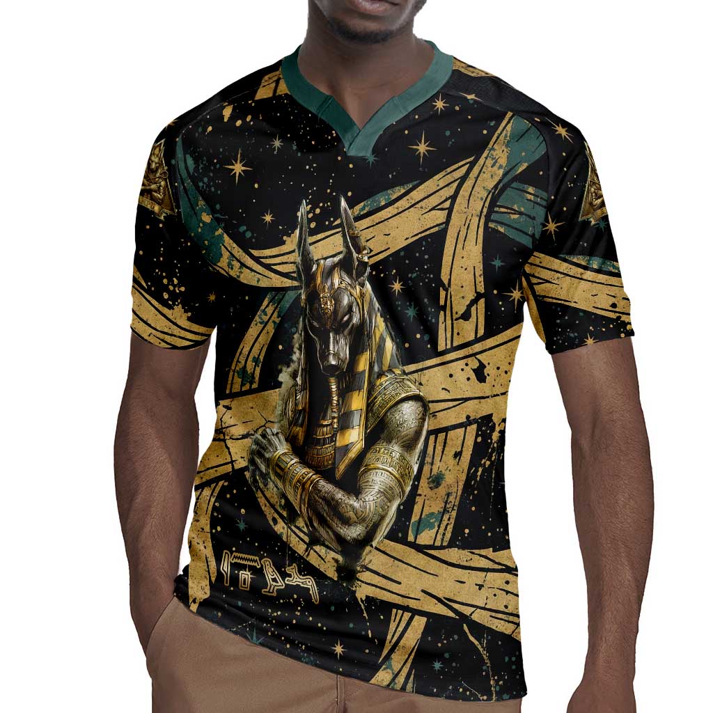 Anubis Ancient Egyptian Rugby Jersey with Starry Mummy Wrap Pattern, Anubis Warrior Illustration, and Pyramid - African Pride