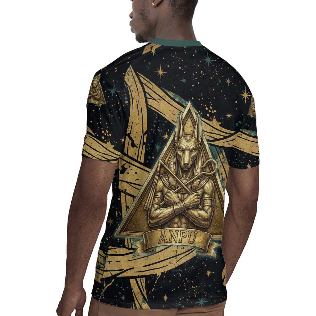 Anubis Ancient Egyptian Rugby Jersey with Starry Mummy Wrap Pattern, Anubis Warrior Illustration, and Pyramid - African Pride