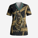Anubis Ancient Egyptian Scrub Top with Starry Mummy Wrap Pattern, Anubis Warrior Illustration, and Pyramid - African Pride