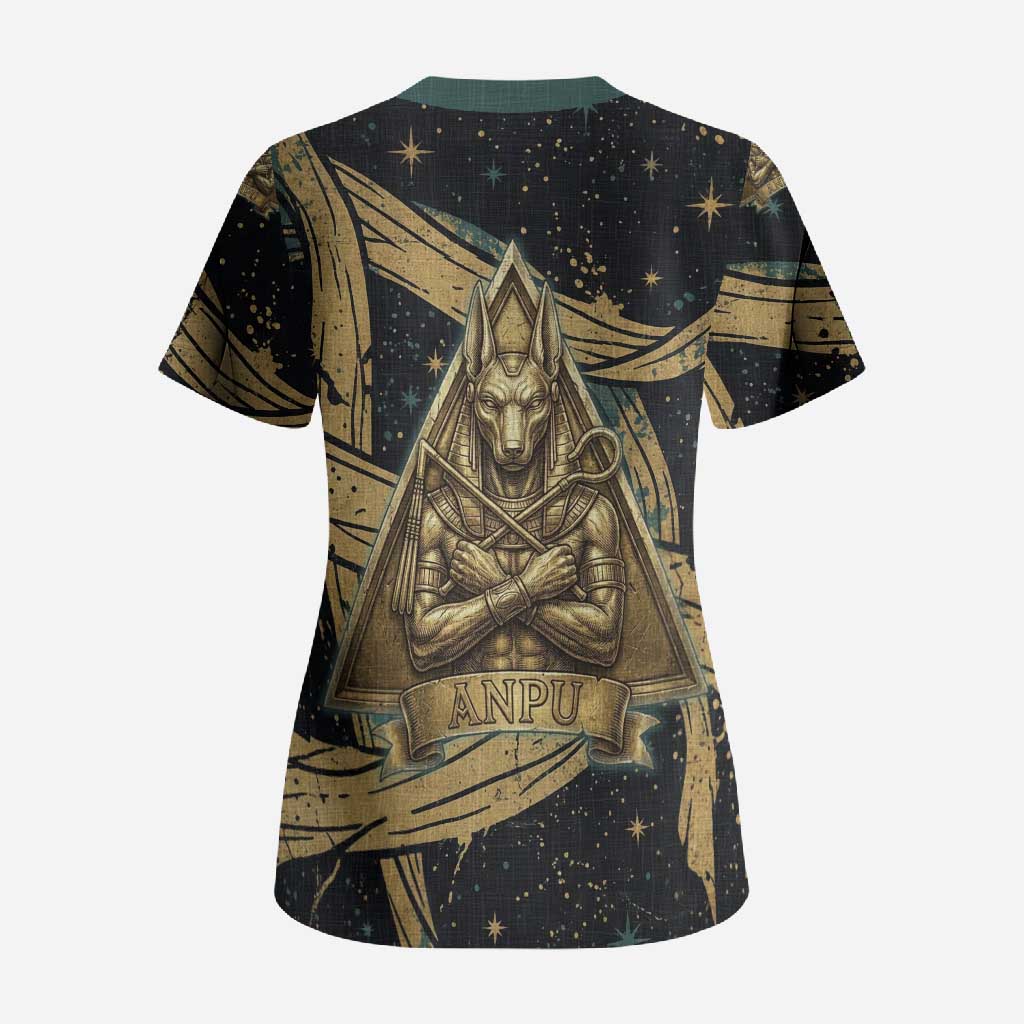 Anubis Ancient Egyptian Scrub Top with Starry Mummy Wrap Pattern, Anubis Warrior Illustration, and Pyramid - African Pride