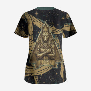 Anubis Ancient Egyptian Scrub Top with Starry Mummy Wrap Pattern, Anubis Warrior Illustration, and Pyramid - African Pride
