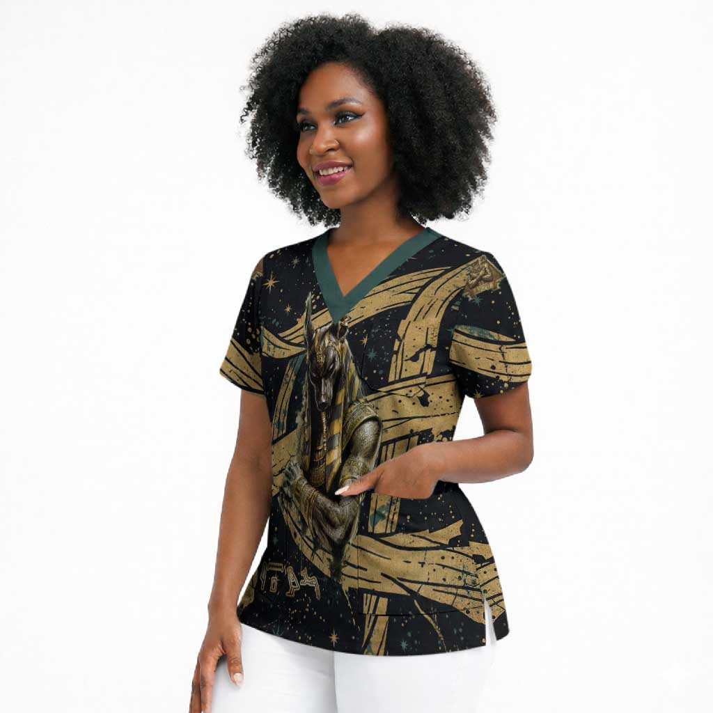 Anubis Ancient Egyptian Scrub Top with Starry Mummy Wrap Pattern, Anubis Warrior Illustration, and Pyramid - African Pride