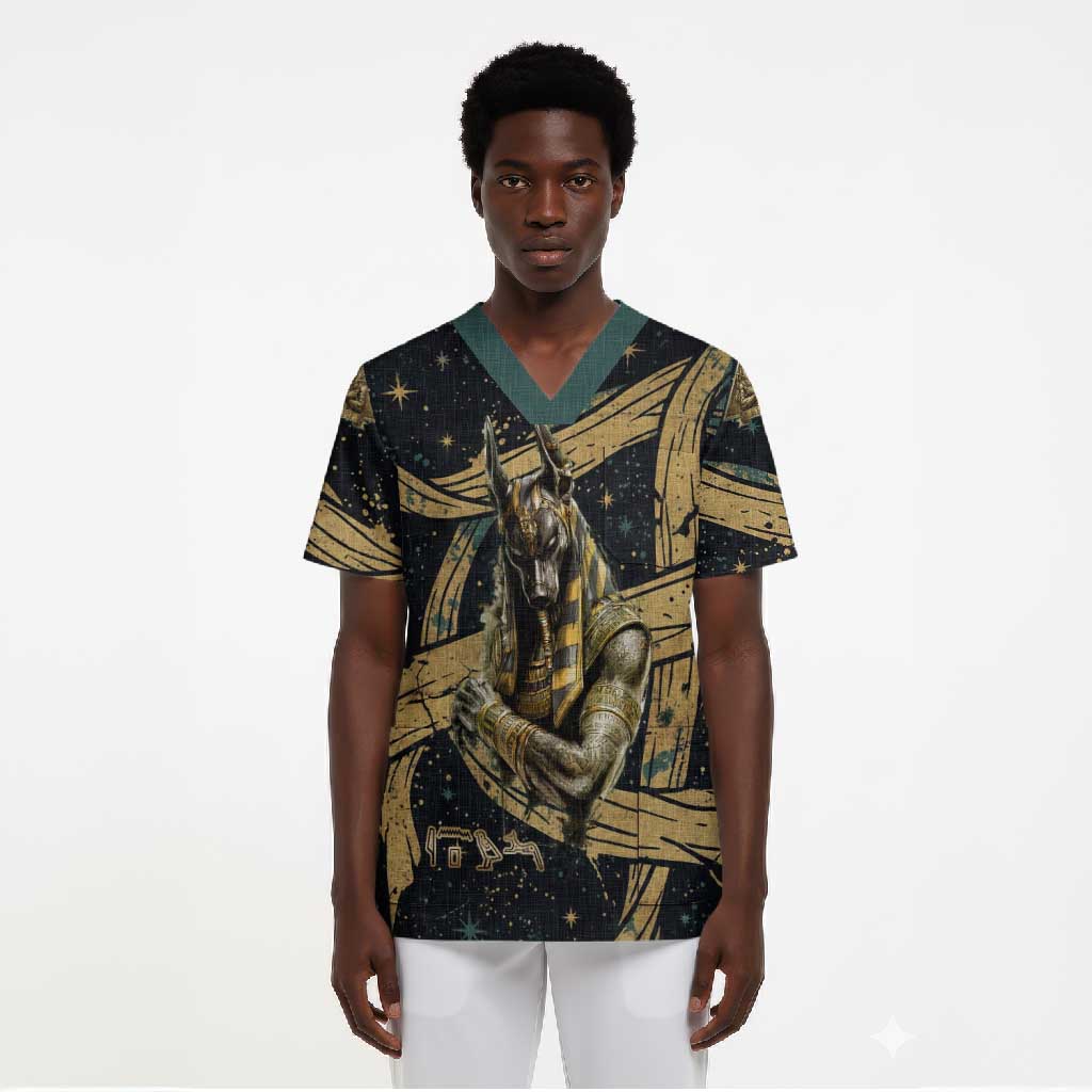 Anubis Ancient Egyptian Scrub Top with Starry Mummy Wrap Pattern, Anubis Warrior Illustration, and Pyramid - African Pride