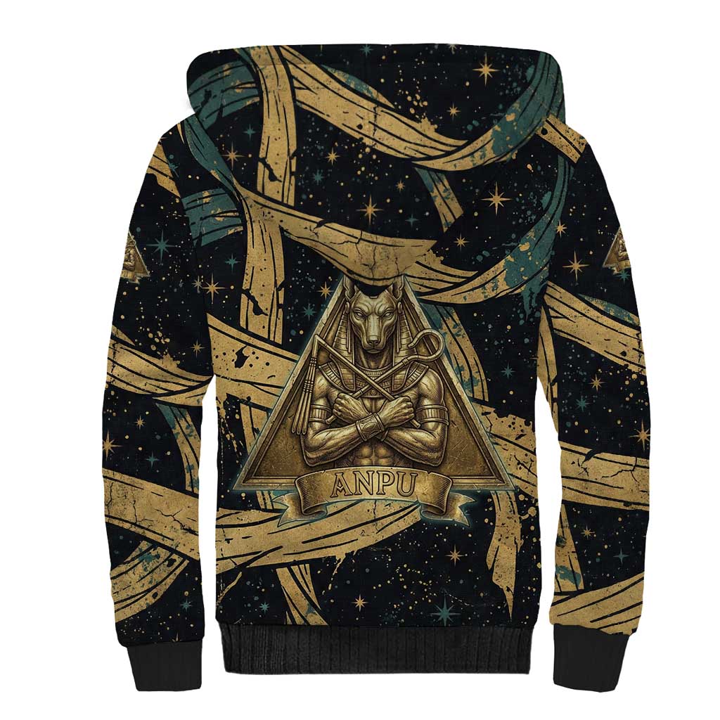 Anubis Ancient Egyptian Sherpa Hoodie with Starry Mummy Wrap Pattern, Anubis Warrior Illustration, and Pyramid - African Pride