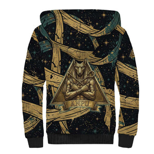 Anubis Ancient Egyptian Sherpa Hoodie with Starry Mummy Wrap Pattern, Anubis Warrior Illustration, and Pyramid - African Pride