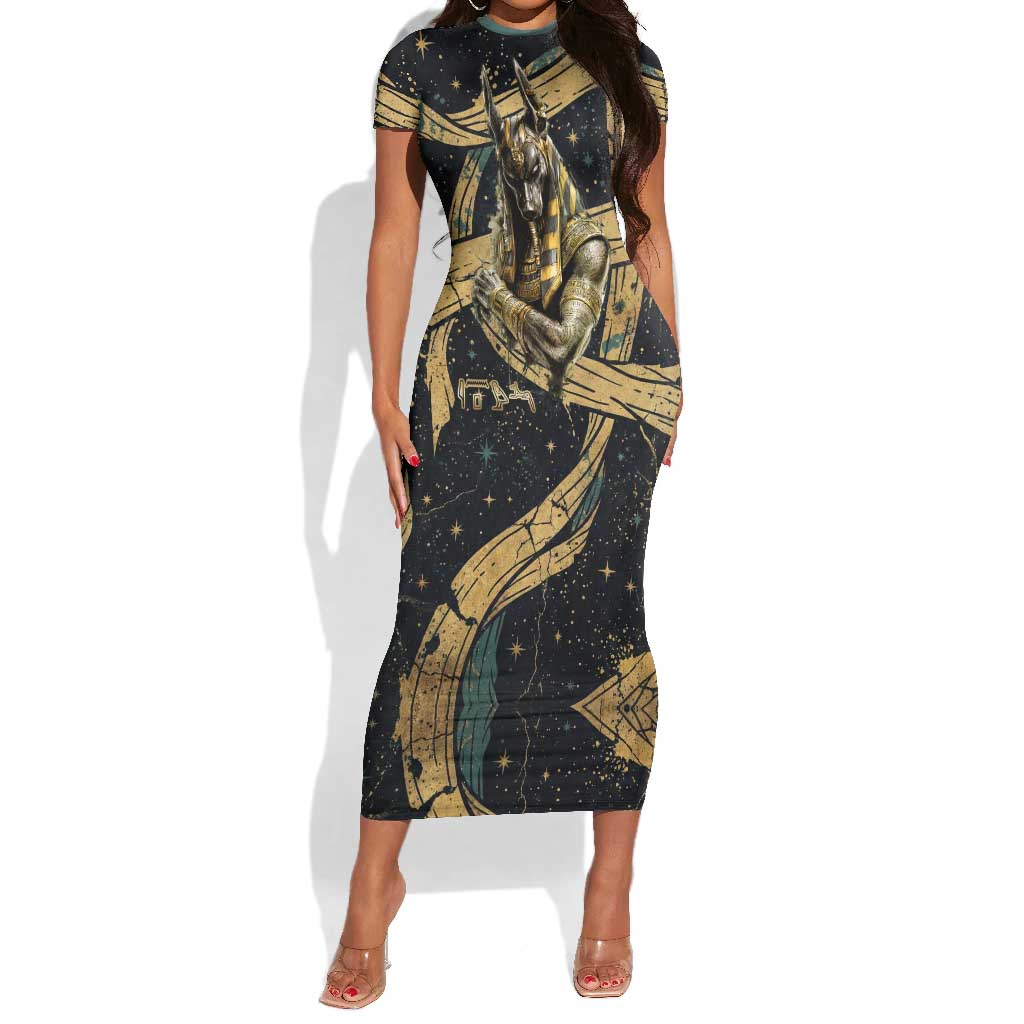 Anubis Ancient Egyptian Short Sleeve Bodycon Dress with Starry Mummy Wrap Pattern, Anubis Warrior Illustration, and Pyramid - African Pride