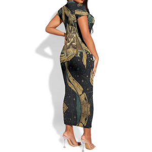 Anubis Ancient Egyptian Short Sleeve Bodycon Dress with Starry Mummy Wrap Pattern, Anubis Warrior Illustration, and Pyramid - African Pride