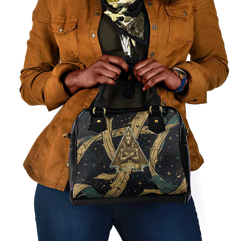 Anubis Ancient Egyptian Shoulder Handbag with Starry Mummy Wrap Pattern, Anubis Warrior Illustration, and Pyramid - African Pride