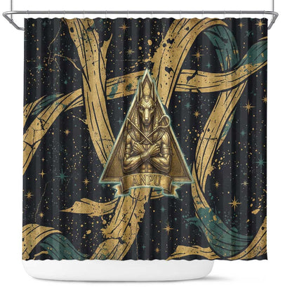 Anubis Ancient Egyptian Shower Curtain with Starry Mummy Wrap Pattern, Anubis Warrior Illustration, and Pyramid - African Pride