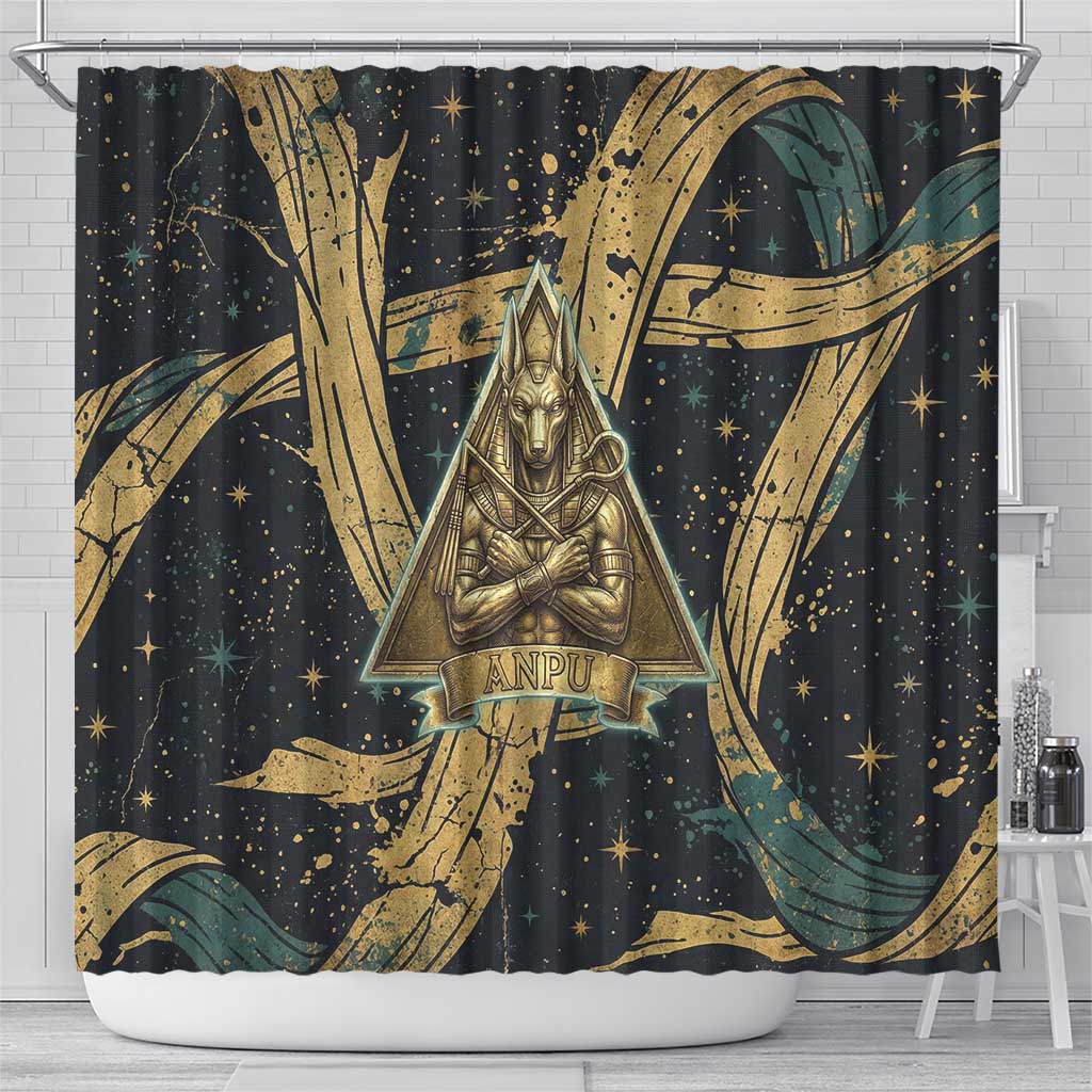Anubis Ancient Egyptian Shower Curtain with Starry Mummy Wrap Pattern, Anubis Warrior Illustration, and Pyramid - African Pride
