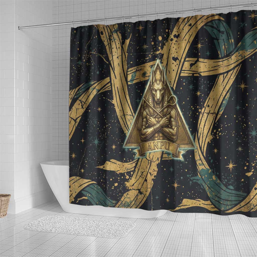 Anubis Ancient Egyptian Shower Curtain with Starry Mummy Wrap Pattern, Anubis Warrior Illustration, and Pyramid - African Pride