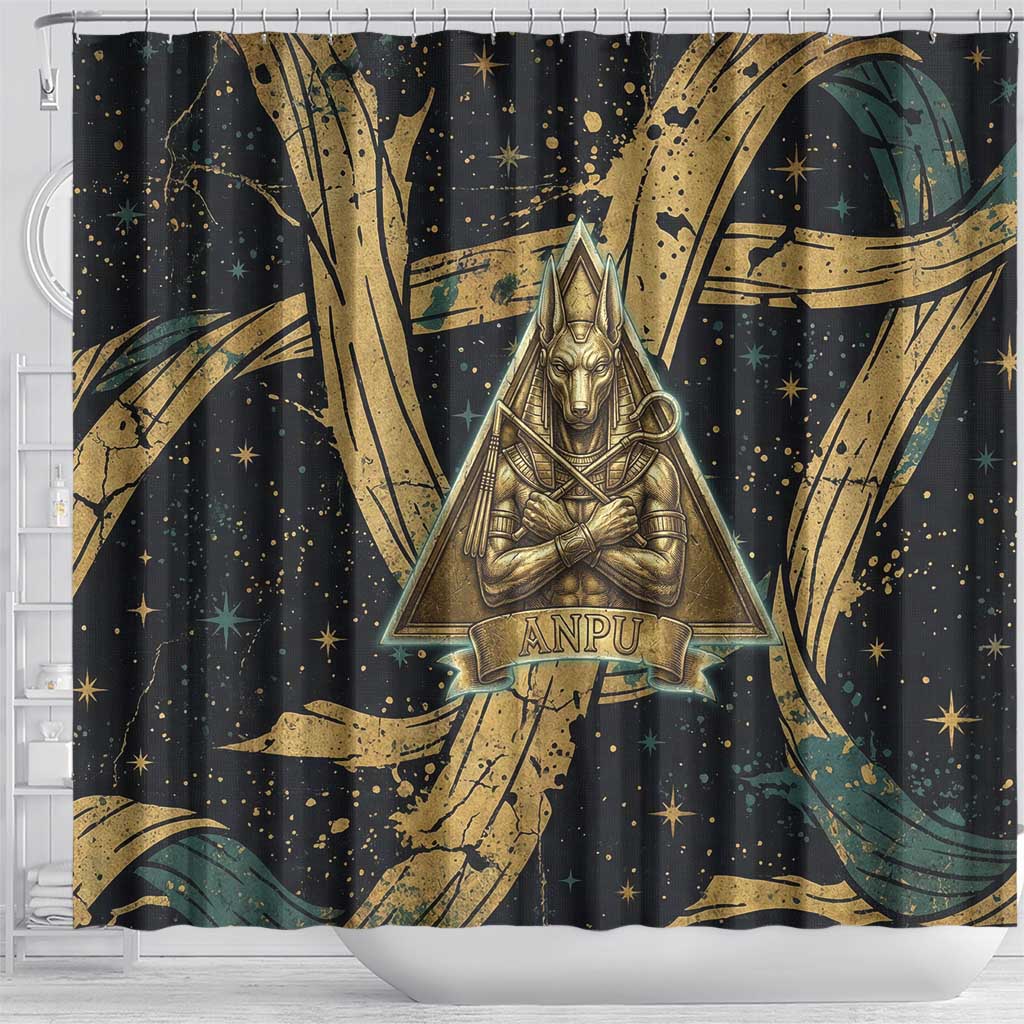 Anubis Ancient Egyptian Shower Curtain with Starry Mummy Wrap Pattern, Anubis Warrior Illustration, and Pyramid - African Pride