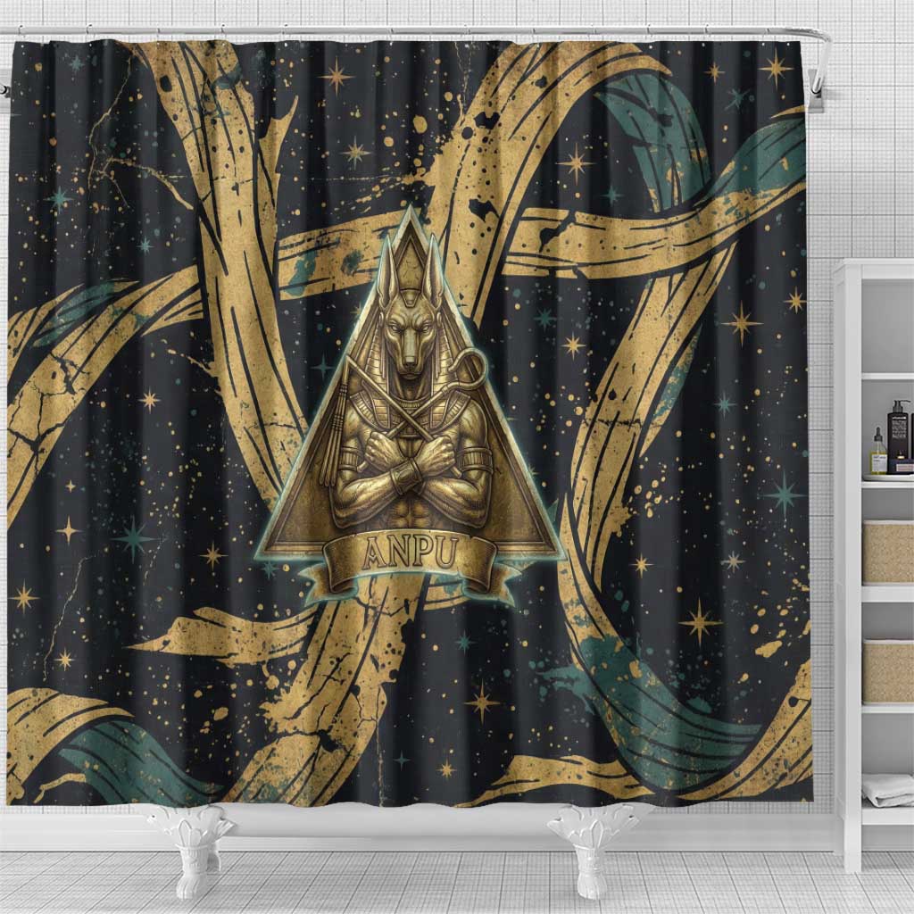 Anubis Ancient Egyptian Shower Curtain with Starry Mummy Wrap Pattern, Anubis Warrior Illustration, and Pyramid - African Pride