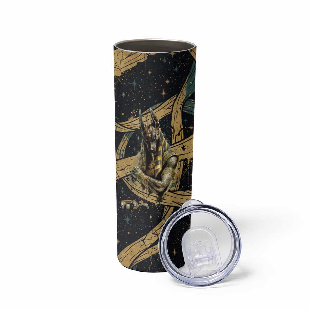 Anubis Ancient Egyptian Skinny Tumbler with Starry Mummy Wrap Pattern, Anubis Warrior Illustration, and Pyramid - African Pride