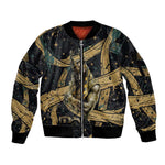 Anubis Ancient Egyptian Sleeve Zip Bomber Jacket with Starry Mummy Wrap Pattern, Anubis Warrior Illustration, and Pyramid - African Pride