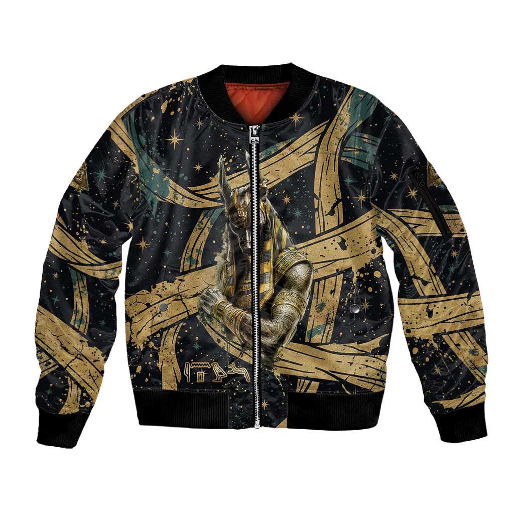 Anubis Ancient Egyptian Sleeve Zip Bomber Jacket with Starry Mummy Wrap Pattern, Anubis Warrior Illustration, and Pyramid - African Pride