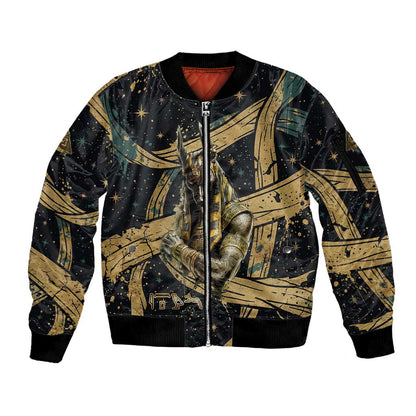 Anubis Ancient Egyptian Sleeve Zip Bomber Jacket with Starry Mummy Wrap Pattern, Anubis Warrior Illustration, and Pyramid - African Pride