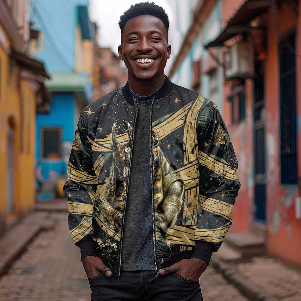 Anubis Ancient Egyptian Sleeve Zip Bomber Jacket with Starry Mummy Wrap Pattern, Anubis Warrior Illustration, and Pyramid - African Pride