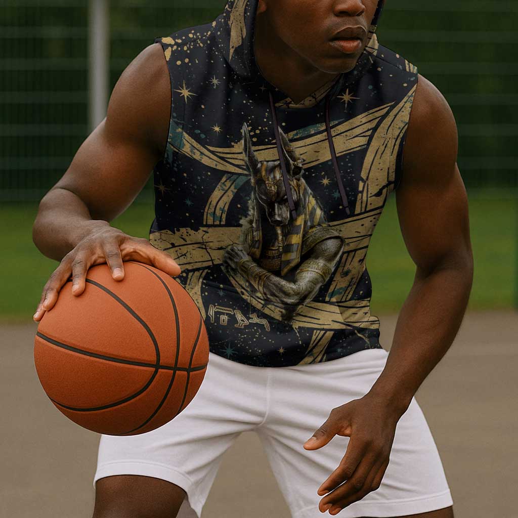 Anubis Ancient Egyptian Sleeveless Hoodie with Starry Mummy Wrap Pattern, Anubis Warrior Illustration, and Pyramid - African Pride