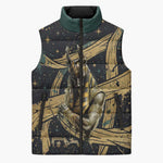 Anubis Ancient Egyptian Sleeveless Puffer Jacket with Starry Mummy Wrap Pattern, Anubis Warrior Illustration, and Pyramid - African Pride