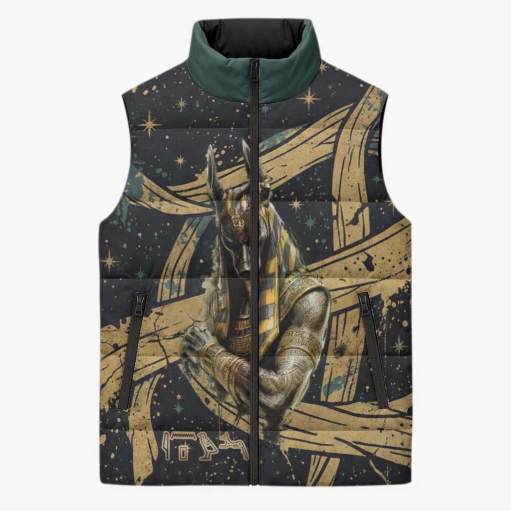 Anubis Ancient Egyptian Sleeveless Puffer Jacket with Starry Mummy Wrap Pattern, Anubis Warrior Illustration, and Pyramid - African Pride