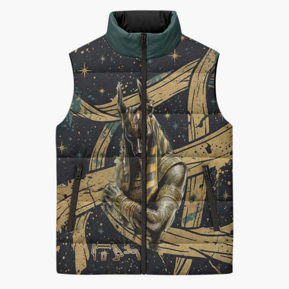 Anubis Ancient Egyptian Sleeveless Puffer Jacket with Starry Mummy Wrap Pattern, Anubis Warrior Illustration, and Pyramid - African Pride