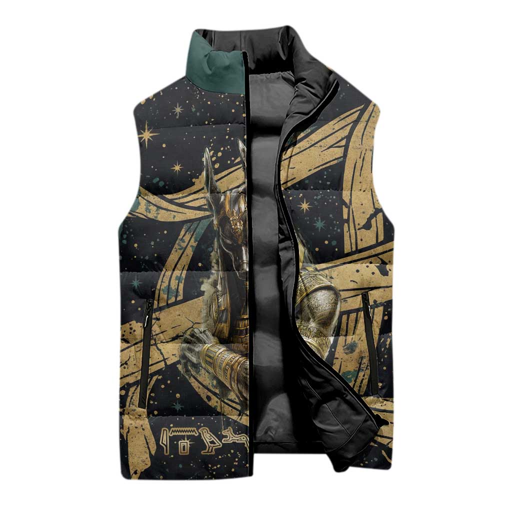 Anubis Ancient Egyptian Sleeveless Puffer Jacket with Starry Mummy Wrap Pattern, Anubis Warrior Illustration, and Pyramid - African Pride