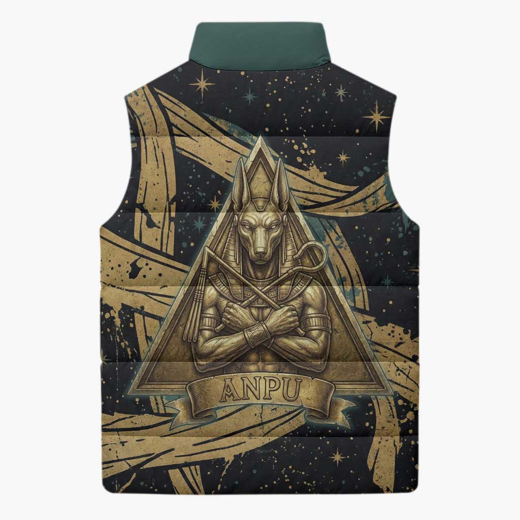 Anubis Ancient Egyptian Sleeveless Puffer Jacket with Starry Mummy Wrap Pattern, Anubis Warrior Illustration, and Pyramid - African Pride