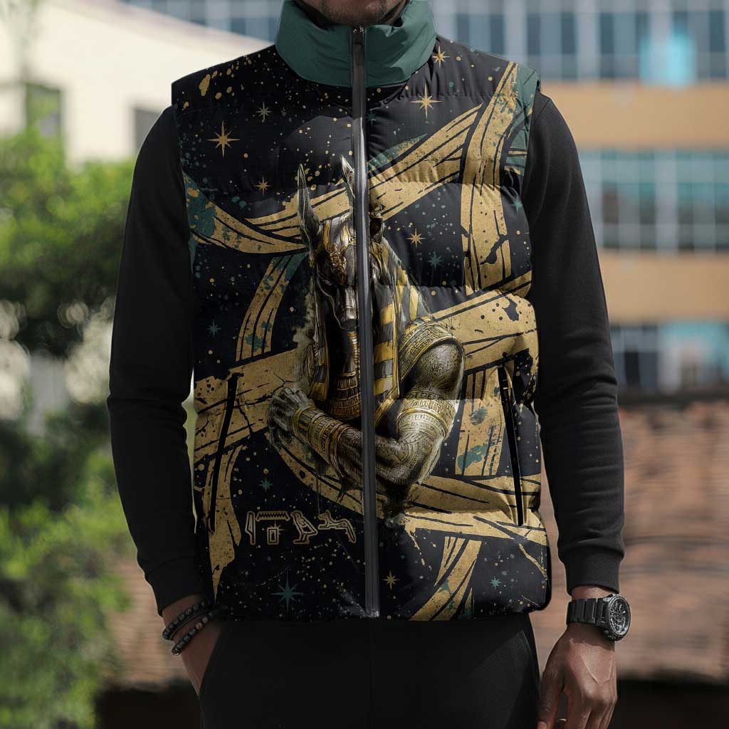 Anubis Ancient Egyptian Sleeveless Puffer Jacket with Starry Mummy Wrap Pattern, Anubis Warrior Illustration, and Pyramid - African Pride
