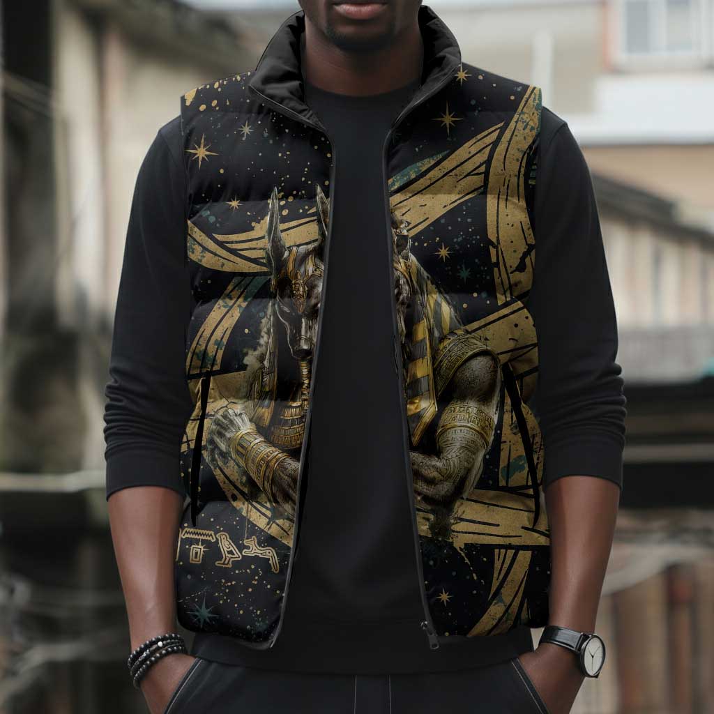 Anubis Ancient Egyptian Sleeveless Puffer Jacket with Starry Mummy Wrap Pattern, Anubis Warrior Illustration, and Pyramid - African Pride