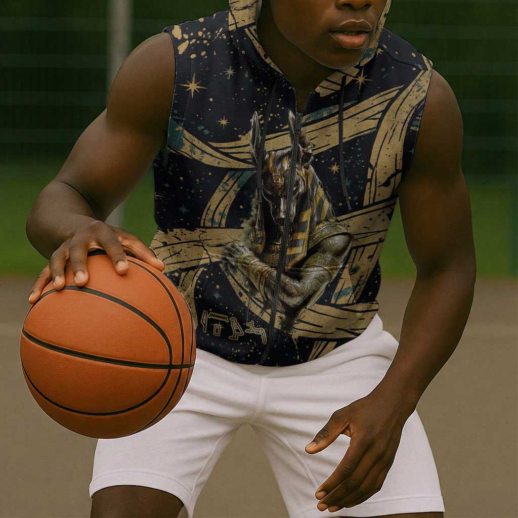 Anubis Ancient Egyptian Sleeveless Zip Hoodie with Starry Mummy Wrap Pattern, Anubis Warrior Illustration, and Pyramid - African Pride