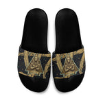 Anubis Ancient Egyptian Slide Sandals with Starry Mummy Wrap Pattern, Anubis Warrior Illustration, and Pyramid - African Pride