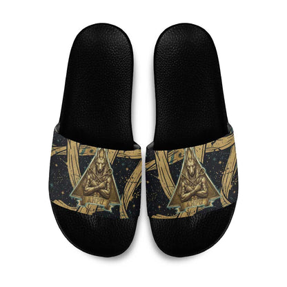 Anubis Ancient Egyptian Slide Sandals with Starry Mummy Wrap Pattern, Anubis Warrior Illustration, and Pyramid - African Pride